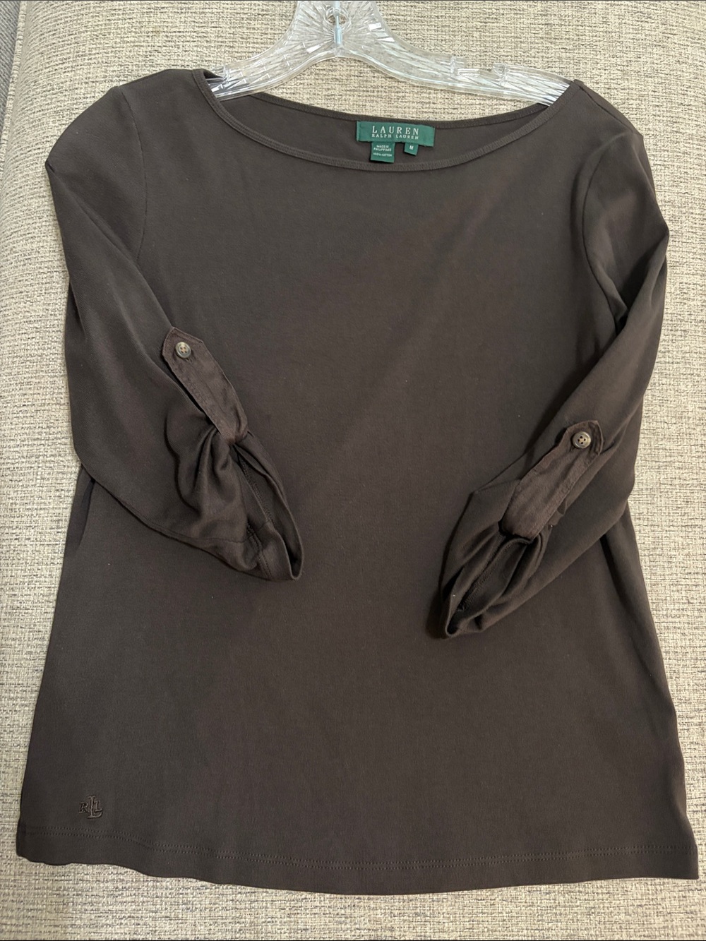 Lauren Ralph Lauren Women's Dark Brown Boatneck Roll-Tab Sleeve Top Medium
